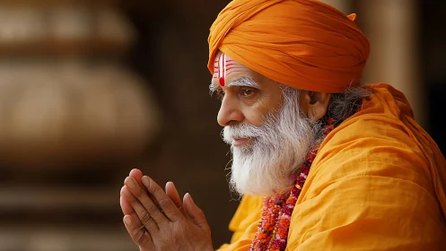 Photorealistic profile portrait of elderly spiritual devotee.