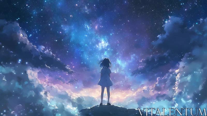 Girl stands before a glowing cosmic sky of dreams and wonder