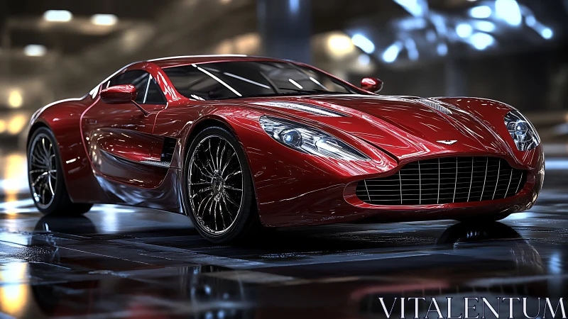 Sleek red supercar under cinematic garage lighting.