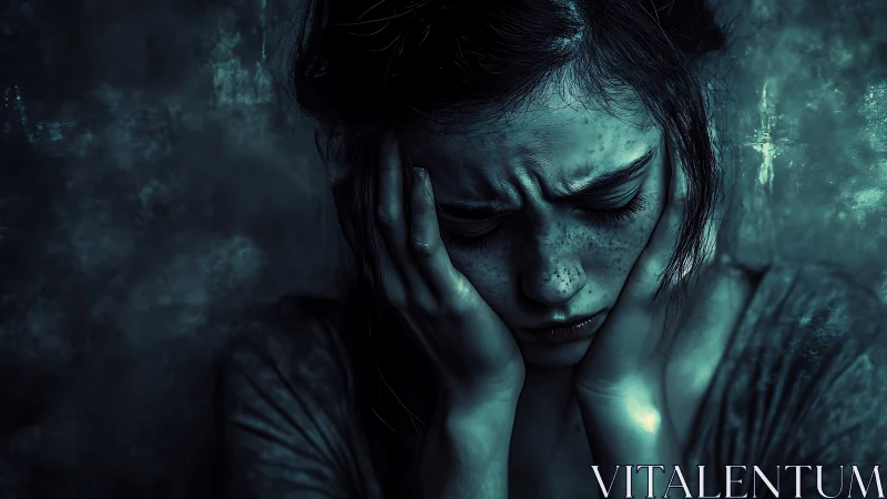 Tender portrait of a troubled girl in deep blue light.