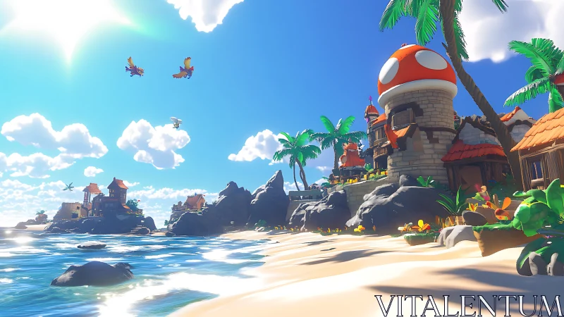 Tropical Island Settlement with Mushroom Tower and Beach
