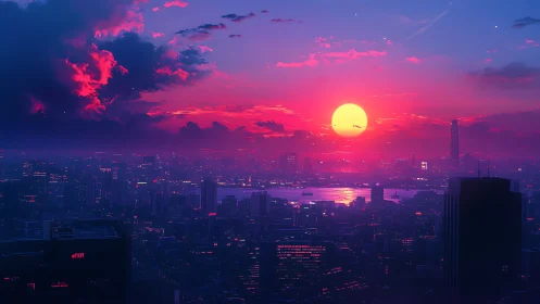 Neon dusk skyline renders a luminous cybernetic urban horizon