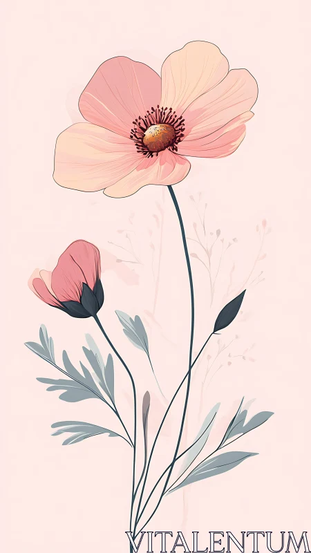 Botanical illustration of delicate cosmos flower with layered petals and foliage.