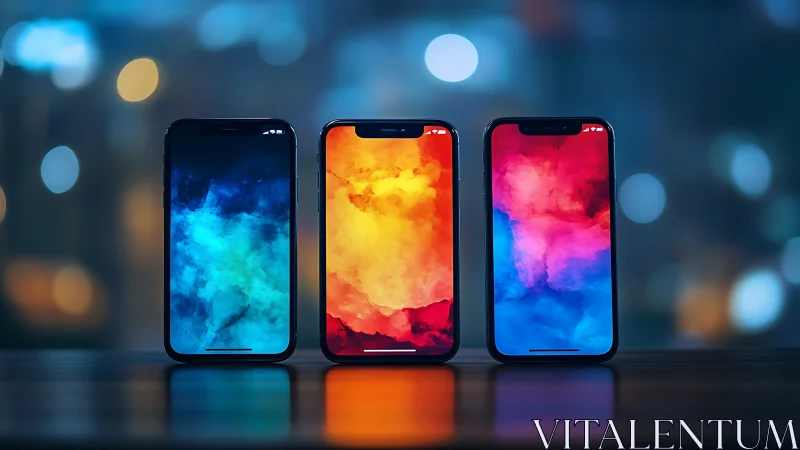 Neon cloudscapes ignite across three glowing smartphone screens.