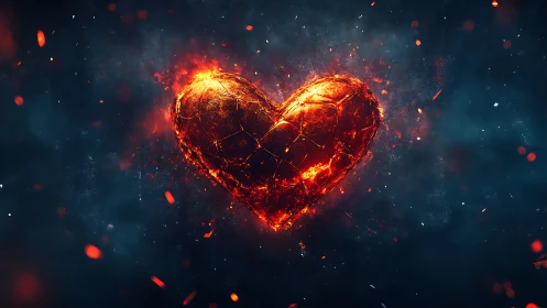Burning heart shape glowing in dark space.