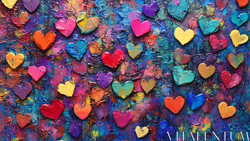 Multicolored heart shapes on textured paint surface
