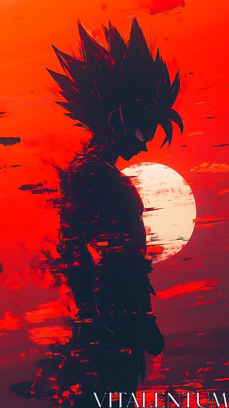 Spiky haired warrior silhouette against fragmented crimson sun