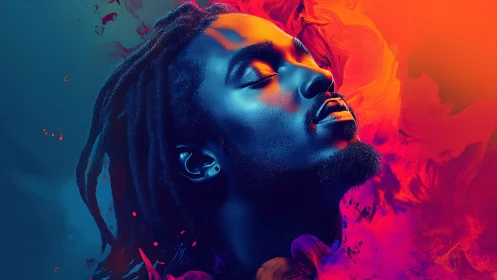 Radiant portrait in neon duotone with flowing color clouds.