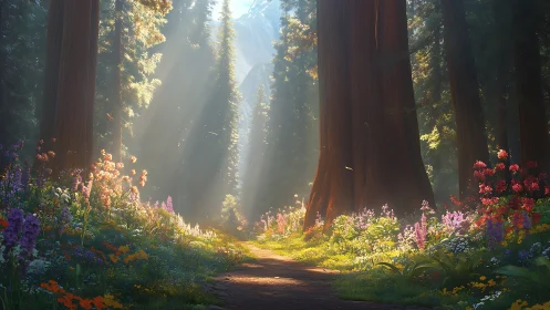 Ancient Redwood Forest Corridor with Volumetric Light and Flowering Understory.