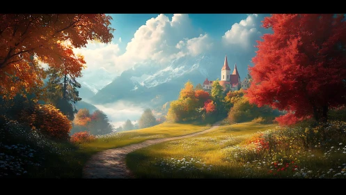 Sunlit castle valley amid vivid autumn mountain horizon.