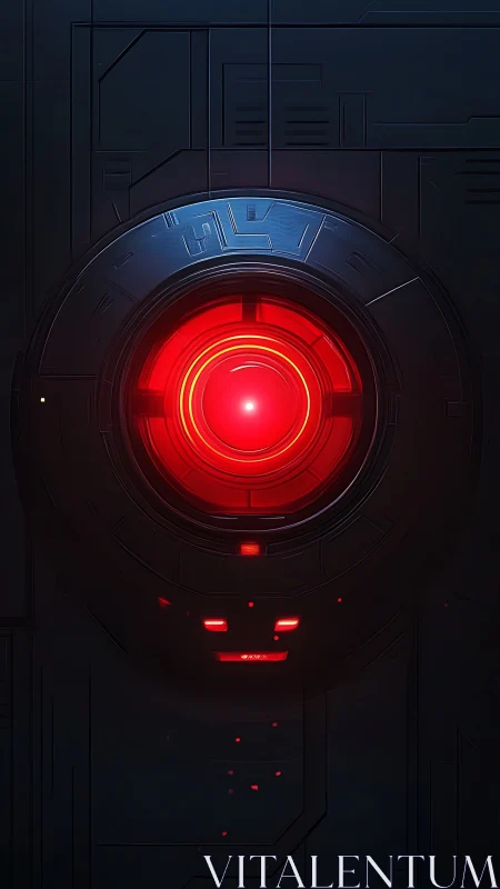 Red AI surveillance eye glows within dark machine core.