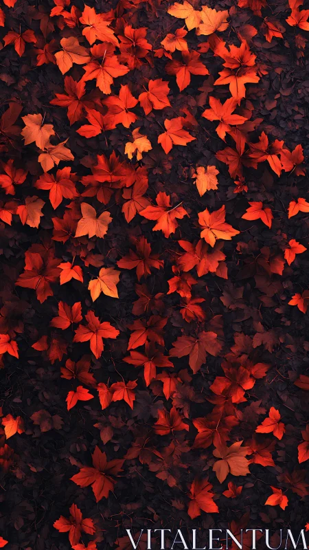 Top down view of dense red maple leaf carpet on dark ground