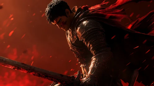 Armored swordsman in red-lit environment with falling embers.