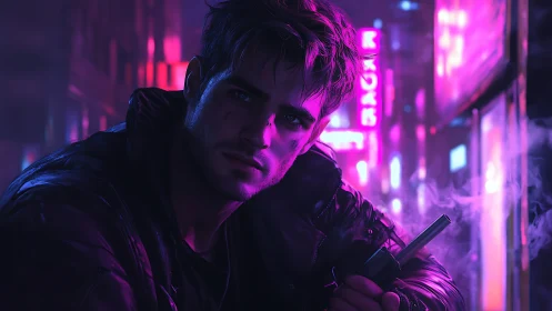 Neon-soaked vigilante brooding in rain-slick cyber alleyway.