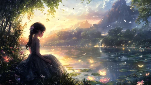 Twilight quiet wraps a dreaming girl beside a glowing lake