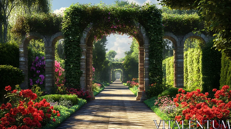 Sunlit garden arches frame a tranquil flower-lined pathway.