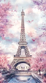 Eiffel Tower framed by pink blossoming trees in spring.