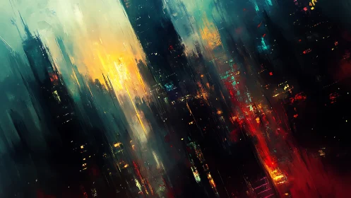 Glowing cyber city rises through rain streaks and drifting light