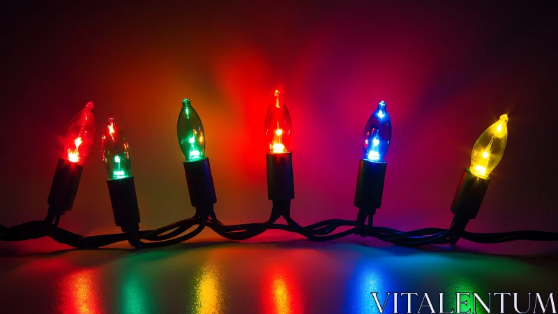 Multicolor string lights on reflective surface in darkness.