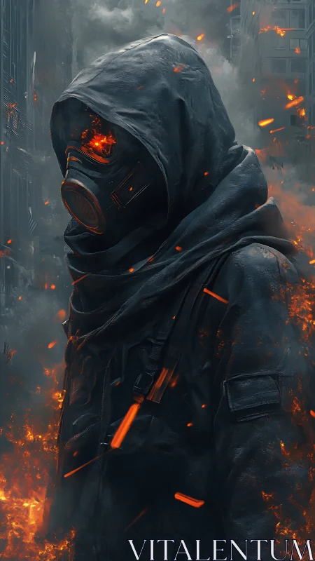 Hooded gas mask wanderer in burning postwar ruins.