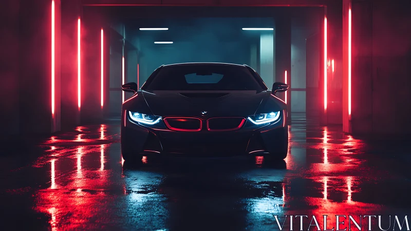 Futuristic sports car glows in neon red parking tunnel.