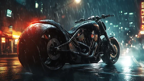 Stealth black cyberpunk motorcycle in neon rainstorm streets.