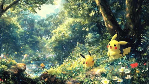 Pikachu rest together in a sunlit enchanted forest glade