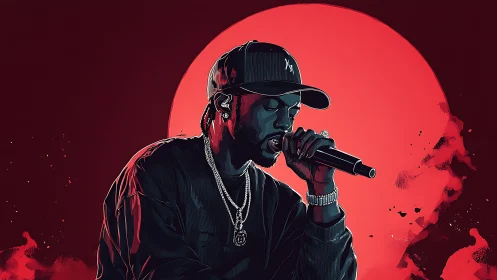 Rapper performs under bold red moonlit backdrop