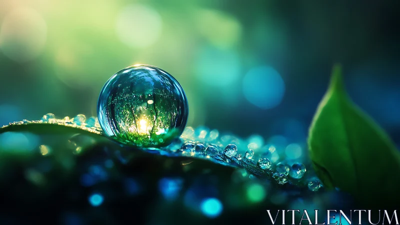 Dewdrop macro on leaf with glowing light reflection.