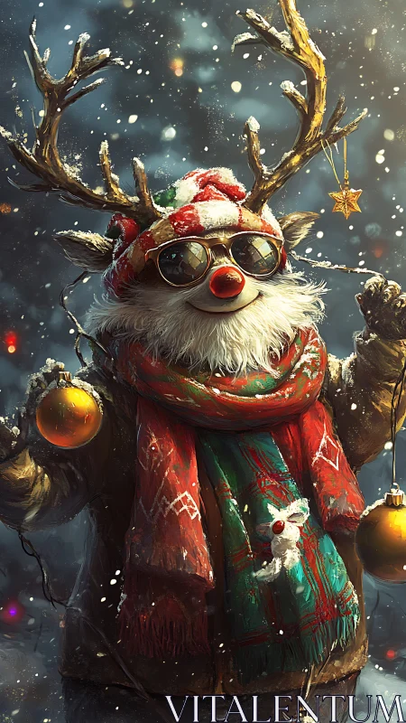 Stylized winter reindeer portrait with festive optical detail.