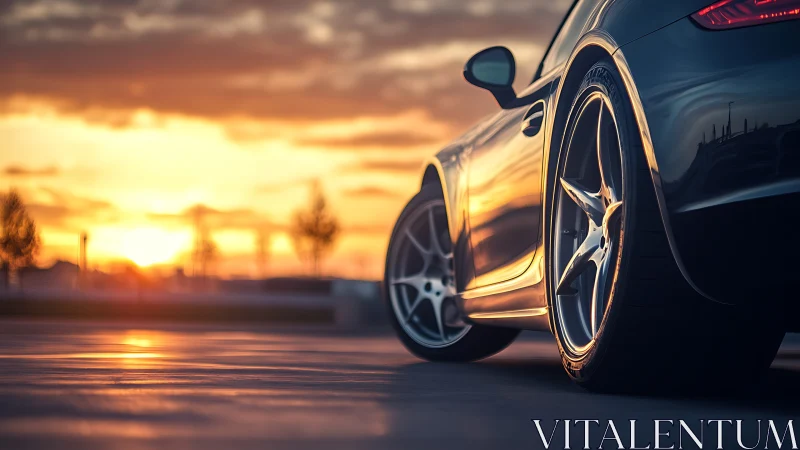 Low-slung sports coupe poised against fiery sunset sky.