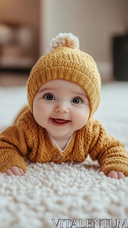 Joyful Infant in Mustard Knit Beanie and Cardigan on Textured Blanket