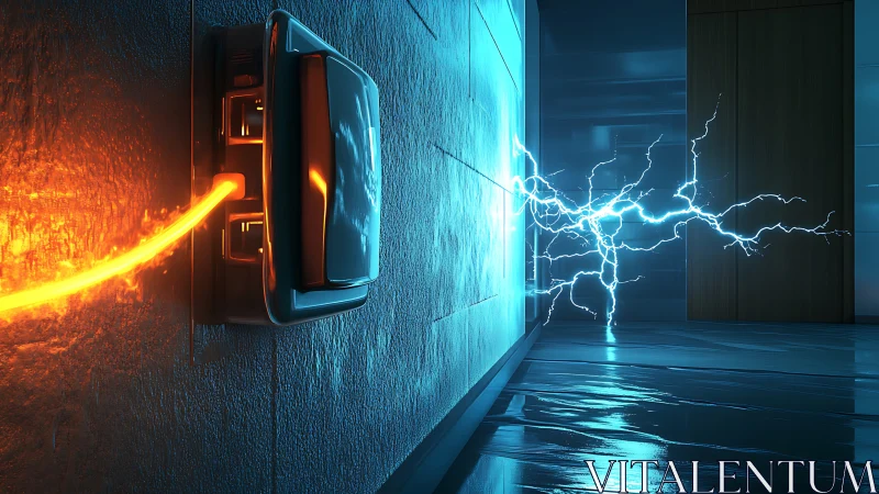 Electric surge arcs from glowing cable across neon hallway.