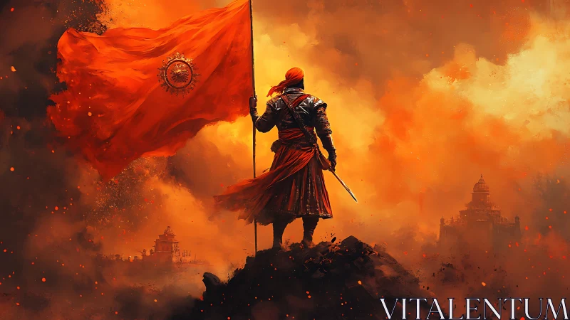 Warrior stands on burning hilltop holding large red flag