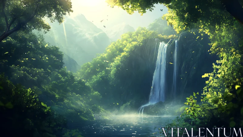 Luminescent Cascade Through Verdant Canyon with Mountain Vistas.