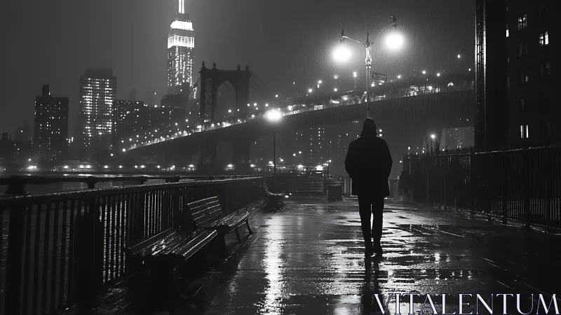 Noir photorealistic cityscape with lone figure and bridge at night.