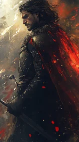 Brooding firelit knight wrapped in embers and stormlight.