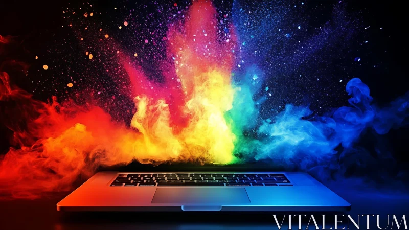 Color explosion erupting from open laptop on dark desk.