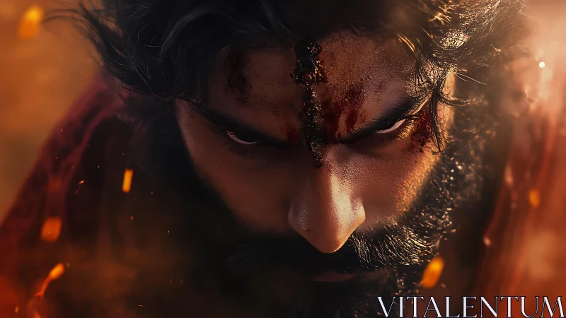 Intense warrior gaze burns through smoke and rising embers