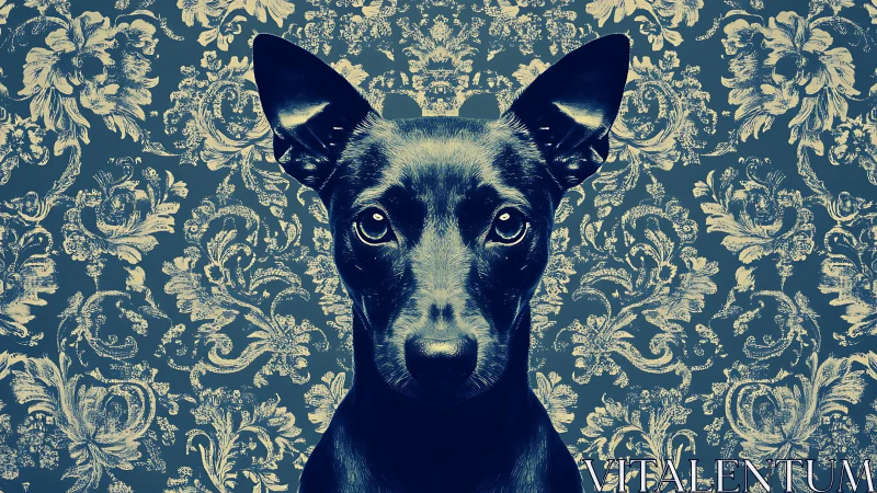 Canine portrait centered on ornate floral patterned wall.
