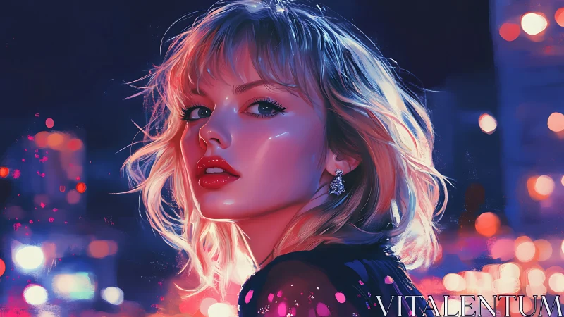 Blonde woman rendered in neon city lights at night