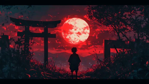 Lone silhouette before crimson supermoon at torii gateway.