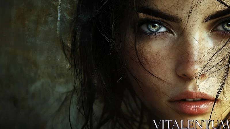 Intense blue-eyed woman stares into camera in moody closeup