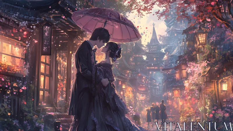 Couple stands under pink umbrella in romantic lantern street