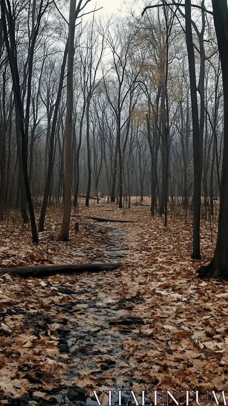 Bare Forest Stream. Winter Grove Path through Skeletal Trees.