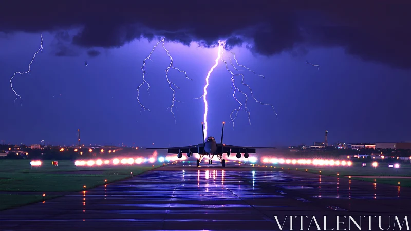 Night runway lightning strike framing military jet silhouette.