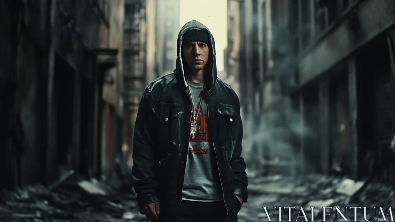 Urban alley portrait of hooded man in dark casual clothing.