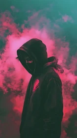 Hooded figure in neon magenta smoke with teal horizon glow.
