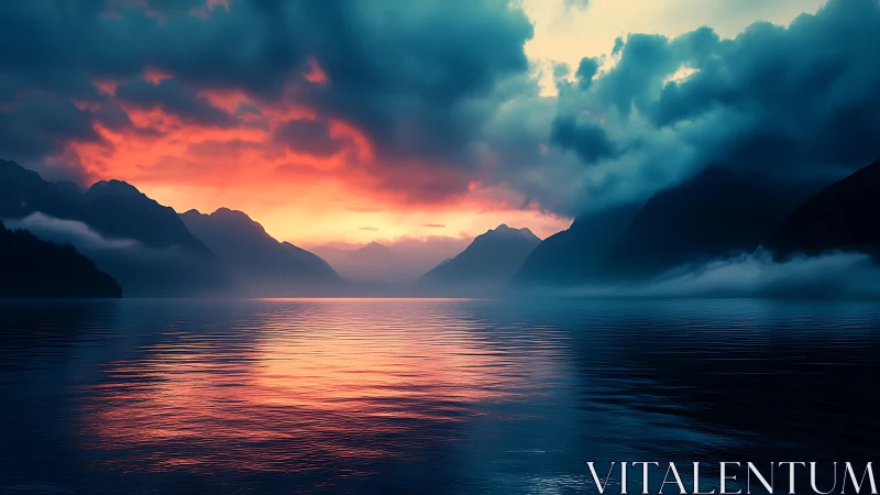 Fiery mountain sunset ignites misty lake horizon. Period.