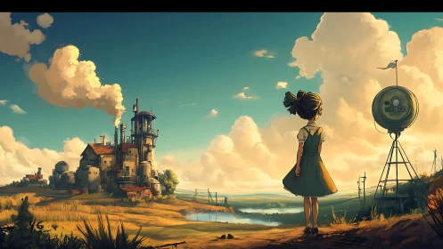 Curious girl quietly studies a distant steampunk seaside factory